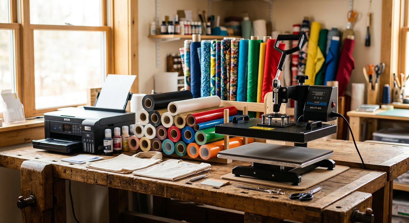 A heat press and rolls of transfer material on a print shop workbench